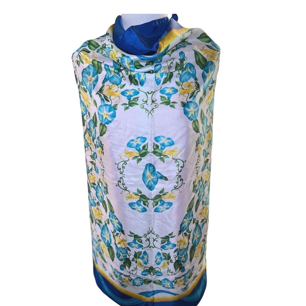 Botanical Floral Silk Feel Scarf Godiva Chocolatier Blue Yellow‎ OS